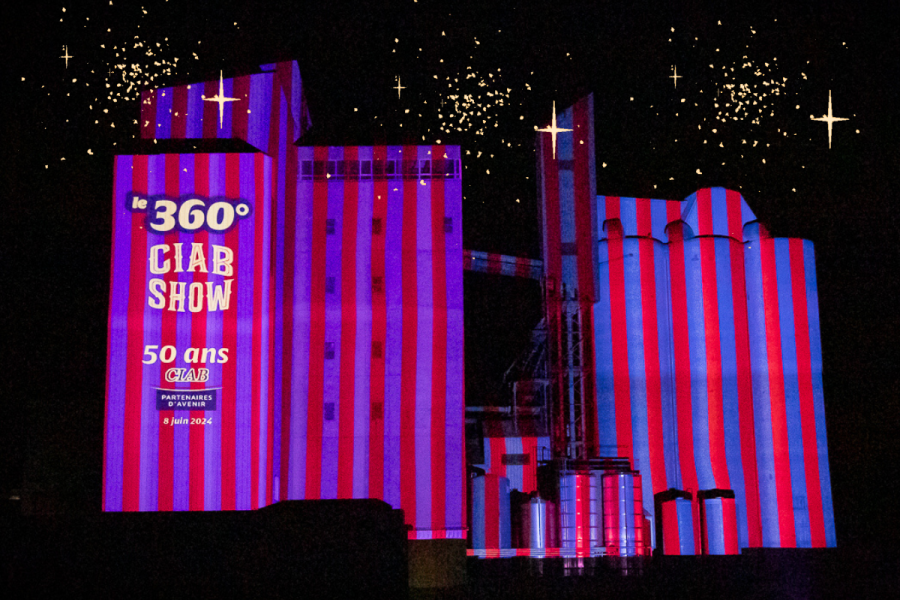 Projection animée sur les silos de l'usine de Saint-Fulgent en vendée