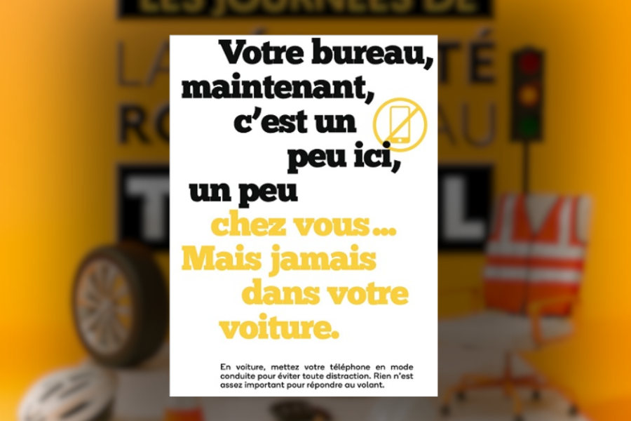 Affiche de prévention sur le téléphone au volant en sortant du bureau